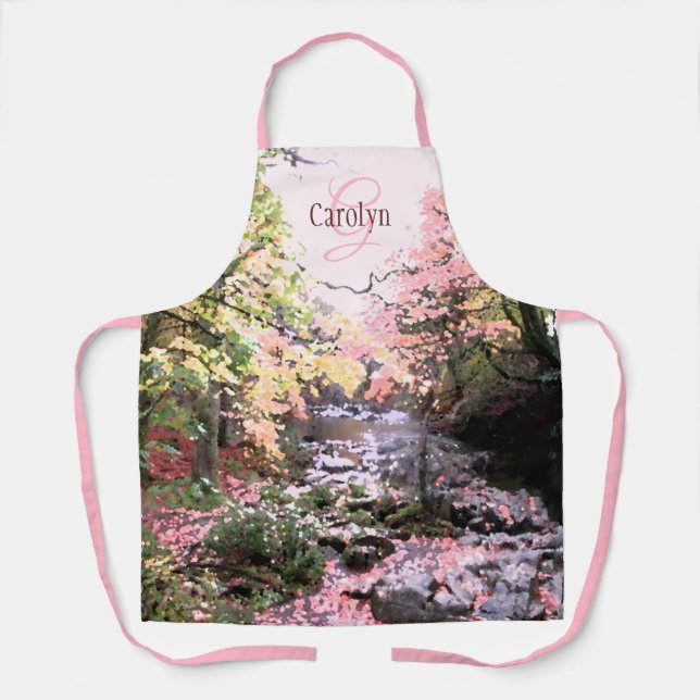 Pink forest glade, pretty stream, personalised apron (Front)