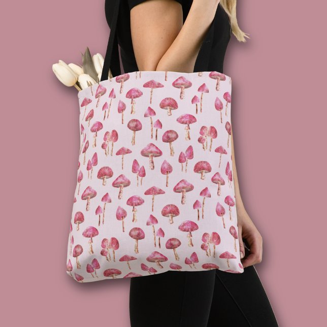 Pink  Forest Mushroom Pattern Tote Bag (Pink mushroom all over print tote bag)