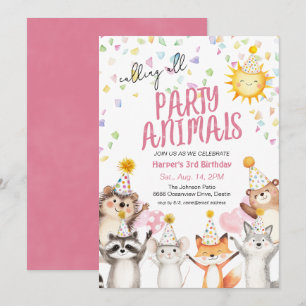 Pink Forest Party Animals in Party Hats Birthday Invitation