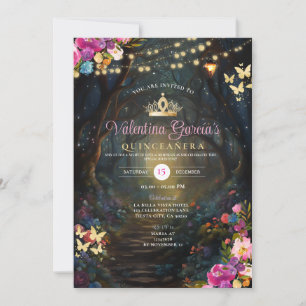 Pink Forest Quinceañera 15 Anos Flowers Gold  Invitation