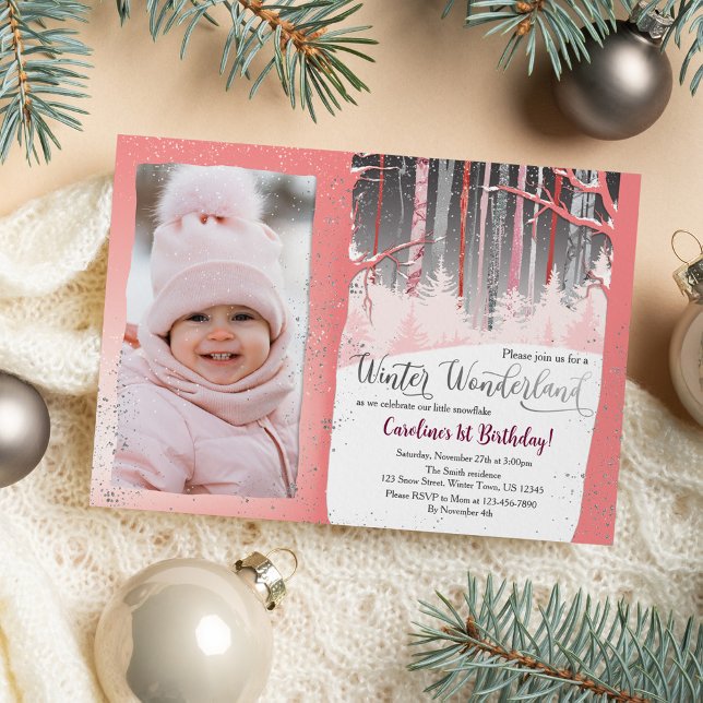 Pink Forest Winter Wonderland Girls 1st Birthday Invitation (Creator Uploaded)