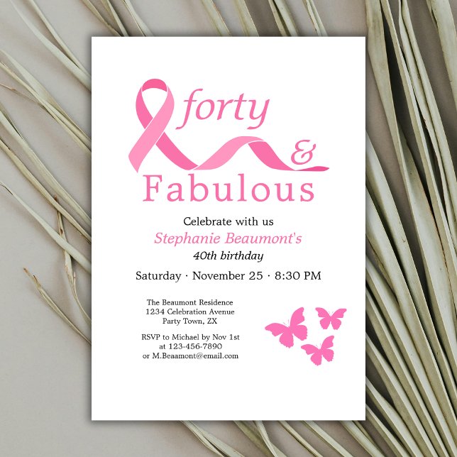Pink Forty Fabulous Fighting Cancer 40th Birthday Invitation (Creator Uploaded)
