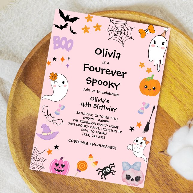 Pink Four Ever Spooky Ghost Halloween 4th Birthday Invitation (Pink Four Ever Spooky Cute Ghost Girl Halloween 4th Birthday Invitation )