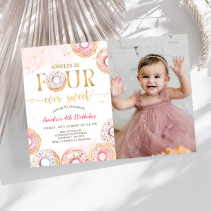 Pink Four Ever Sweet Donut 4th Birthday Photo Invitation
