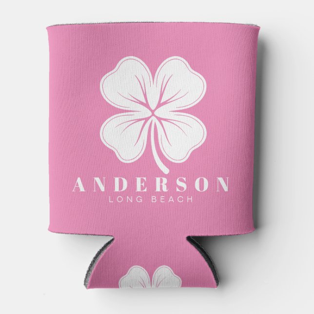 Pink Four Leaf Clover with Name Can Cooler (Front)