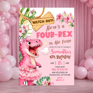 Pink Four Rex On The Loose Fourth Birthday Invitation