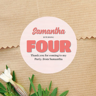 Pink Fourth Birthday Girl Party Floral Classic Round Sticker