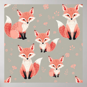 Pink Fox Baby Nursery Cute Woodland Animal Pattern Poster