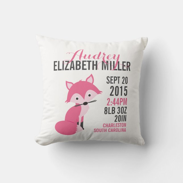 Pink Fox Birth Announcement Nursery Pillow (Front)