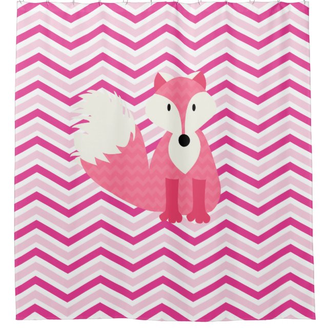 Pink Fox on Pink and White Chevron Stripes Shower Curtain (Front)