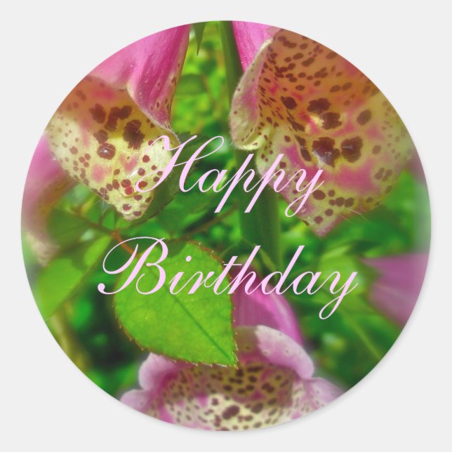 Pink Foxgloves Happy Birthday Sticker (Front)
