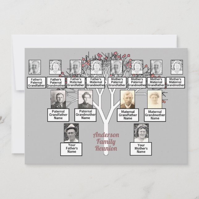 Pink Fractal Tree 3 Generation Family Reunion Grey Invitation (Front)