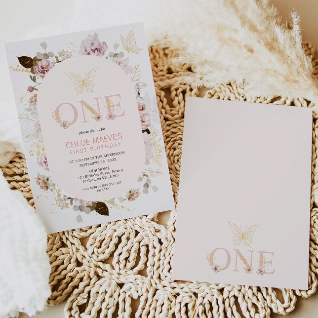Pink Frame Girls Pink Boho Floral 1st Birthday  Invitation (Boho pink floral and frame butterfly 1st birthday invitation.  Modern chic floral 1st birthday)