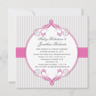 Pink Frame Grey White Stripes Wedding Invitation