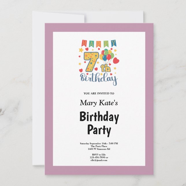 Pink Framed 7th Birthday Party Invitation (Front)