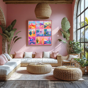 Pink Framed Desert Art Grid – Colourful Geometric Poster