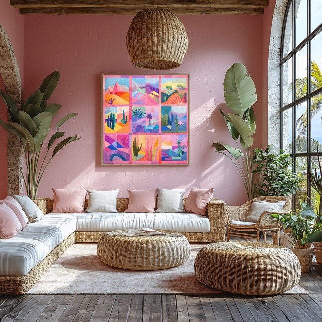 Pink Framed Desert Art Grid – Colourful Geometric Poster (Creator Uploaded)