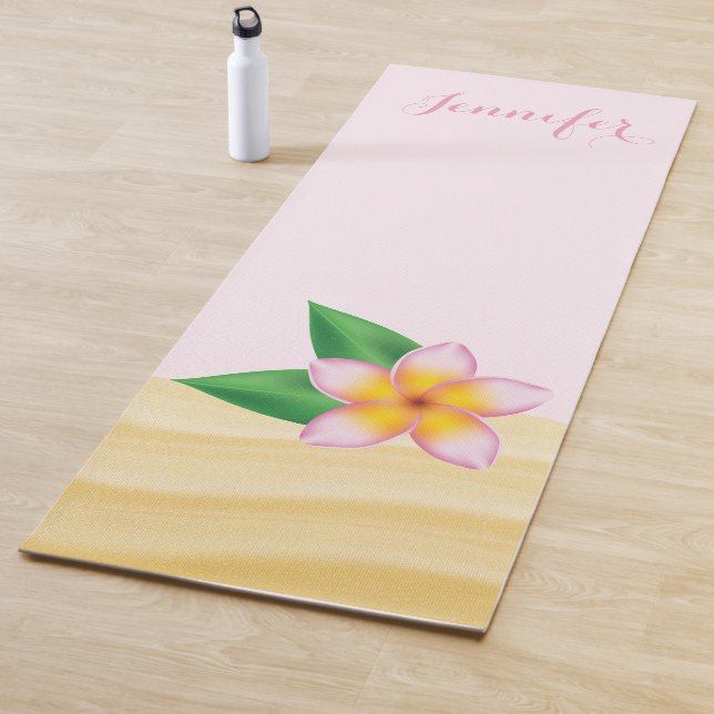 Pink Frangipani Flower With Personaled Name Yoga Mat (In Situ)