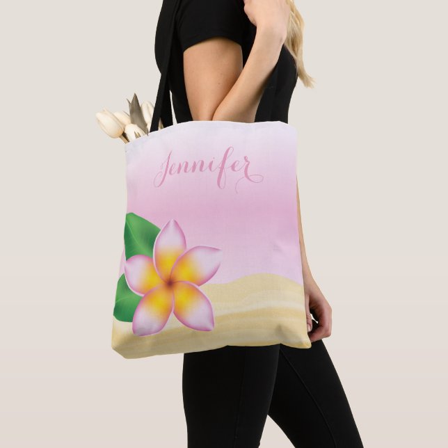 Pink Frangipani Flower With Personalised Name Tote Bag (Close Up)