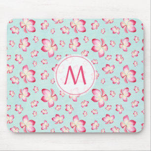 Pink Frangipani Monogram Aqua Mouse Mat