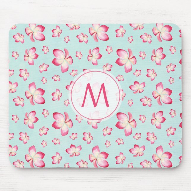 Pink Frangipani Monogram Aqua Mouse Mat (Front)