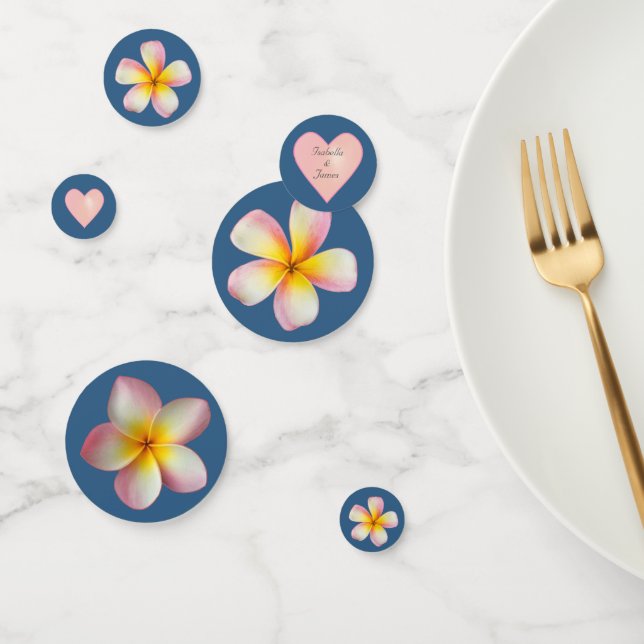 Pink Frangipani Plumeria Flowers & Heart on Blue Confetti (Group)