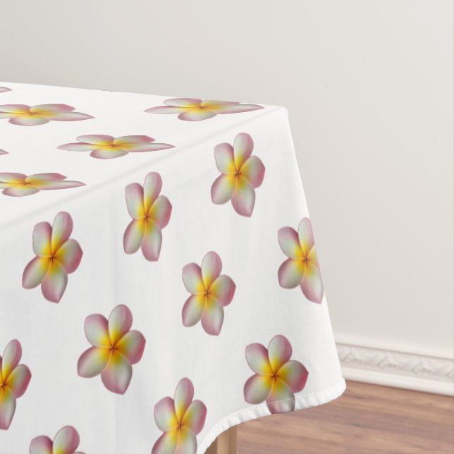 Pink Frangipani Plumeria Flowers on White Tablecloth (In Situ)