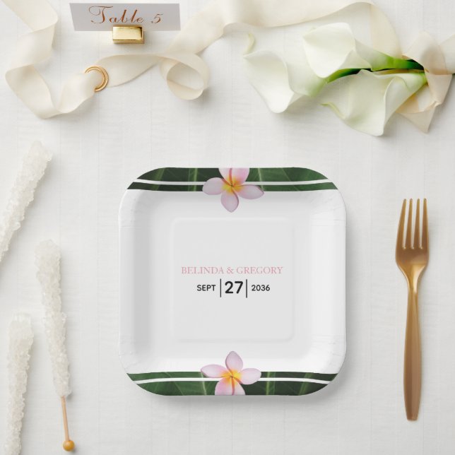Pink Frangipani Plumeria Wedding  Paper Plate (Wedding)