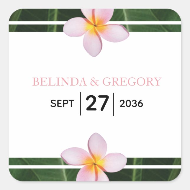 Pink Frangipani Plumeria Wedding  Square Sticker (Front)