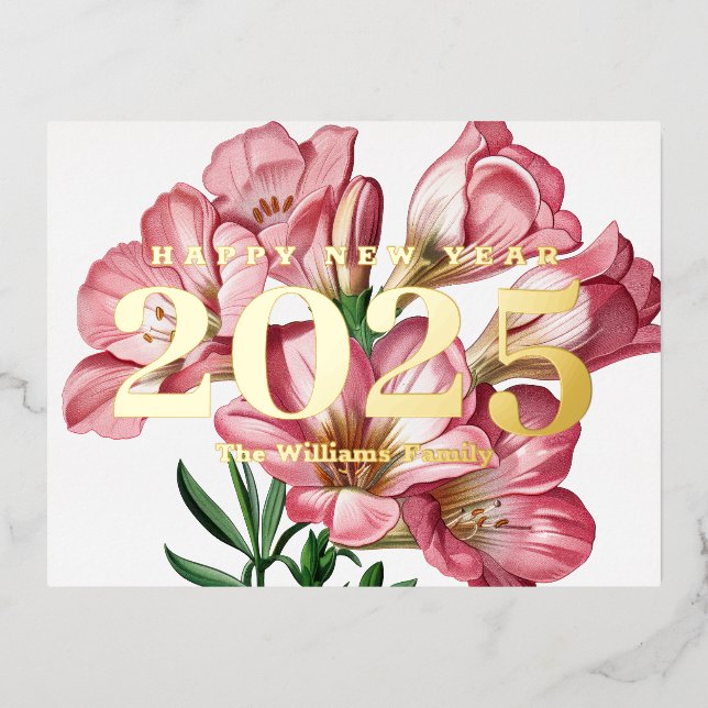 Pink Freesia Flower Happy New Year 2025 Gold Foil Holiday Postcard (Front)