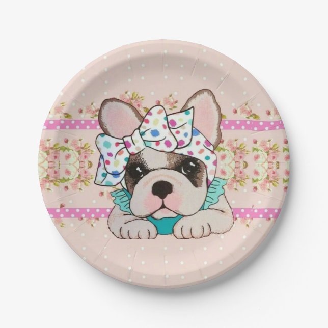 Pink French Bulldog Paper Plates (Front)