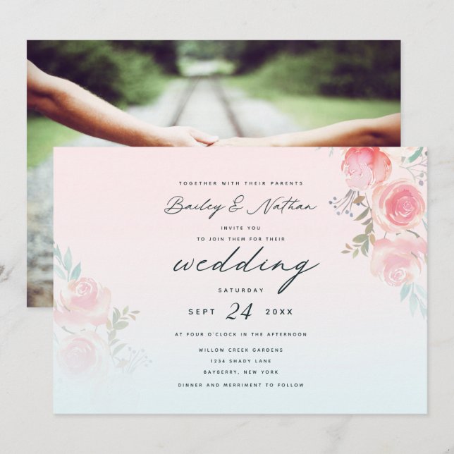 Pink French Garden Floral Peony Bouquets Wedding Invitation (Front/Back)
