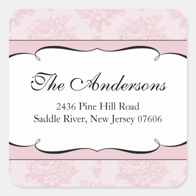 Pink French Lace Address Wedding Square Sticker (Front)