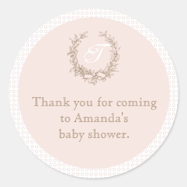 Pink French Monogram Baby Shower Favour Sticker (Front)