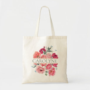 Pink French Peonies Floral Bridesmaid Monogram Tote Bag
