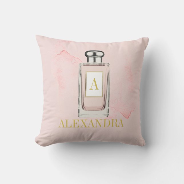 Pink French Perfume Bottle Chic Monogram Personal Cushion (Front)