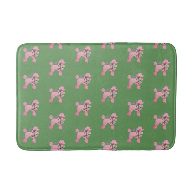 Pink French Poodle on Green Bath Mat (Front)
