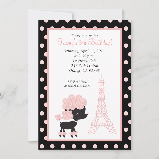 PINK FRENCH POODLE Ooh la la 5x7 Birthday Invitation (Front)