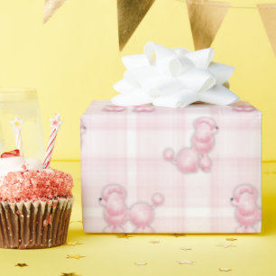 Pink French Poodles On Plaid Wrapping Paper