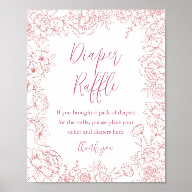 PINK FRENCH TOILE Diaper Raffle Baby Shower Sign (Front)