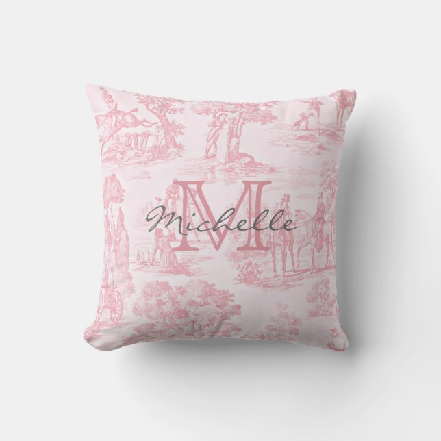 Pink French Toile Monogram Initial Name Cushion (Front)