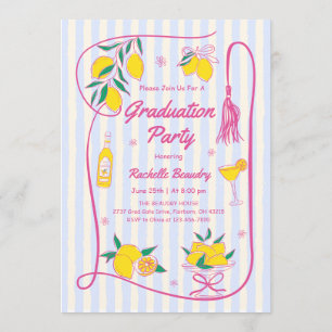 Pink Freshly Graduate Lemon Citrus Stripes Grad In Invitation