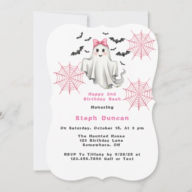 Pink Friendly Girl Ghost with Bats Birthday Party Invitation (Front)