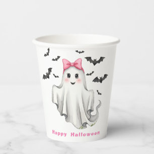 Pink Friendly Girl Ghost with Bats Flying Paper Cups