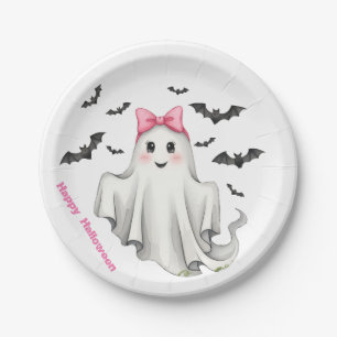 Pink Friendly Girl Ghost with Bats Flying Paper Plate