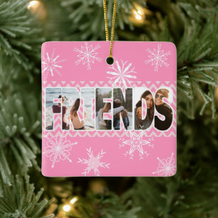Pink Friends Photo Snowflakes Personalised Ceramic Ornament