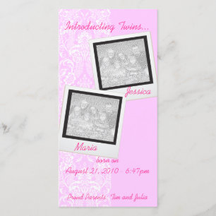 Pink Frilly Lace Twin Photo Announcement Cards