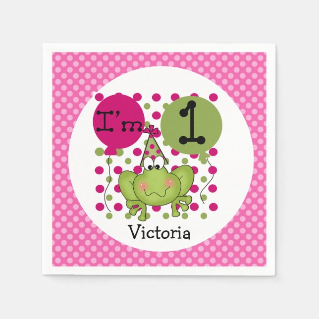 Pink Frog 1st Birthday Paper Napkins (Front)