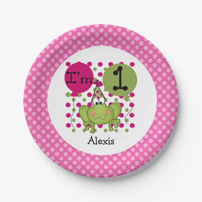 Pink Frog 1st Birthday Paper Plates (Front)