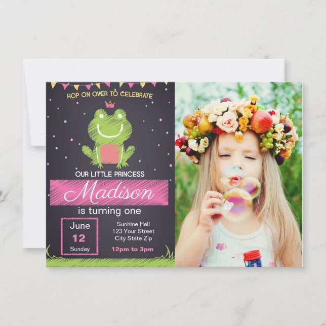 Pink Frog Birthday Invitation with picture (Front)